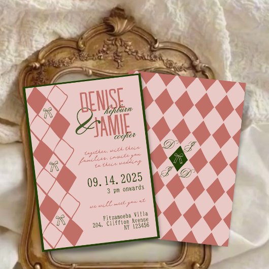 Invitation Terracotta et Jacquard vert Bow Preppy Mariage de 