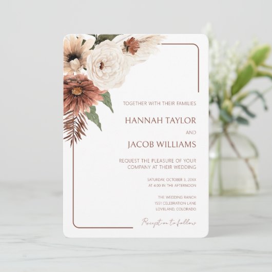 Invitation Terracotta Fall Floral moderne QR Code RSVP Mariag (Debout devant)