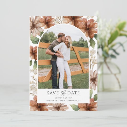Invitation Terracotta Floral Arched Photo Enregistrer la date (Debout devant)