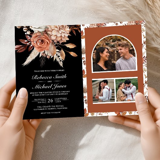 Invitation Terracotta Floral Black QR Code Wedding