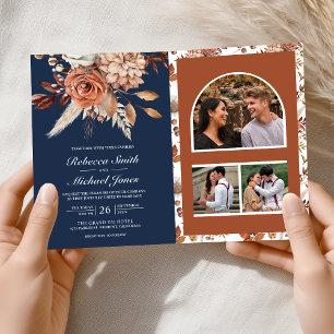 Invitation Terracotta Floral Bleu de Nuit Code QR Mariage