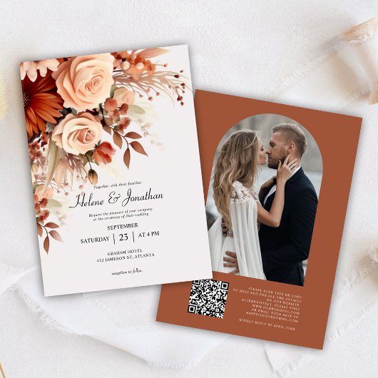 Invitation Terracotta Floral Botanique Photo QR Code Mariage