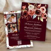 Invitation Terracotta Floral Burgundy QR Code Wedding