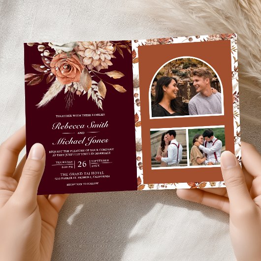 Invitation Terracotta Floral Burgundy QR Code Wedding