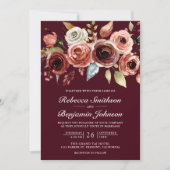 Invitation Terracotta Floral Burgundy QR Code Wedding (Devant)