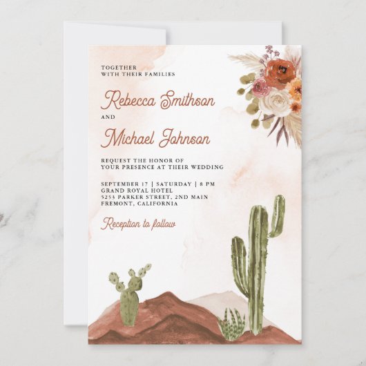 Invitation Terracotta Floral Cactus QR Code Photo Mariage (Devant)