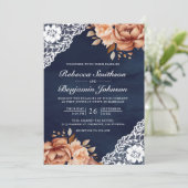 Invitation Terracotta Floral Dentelle Marine bleu QR Code Mar (Debout devant)