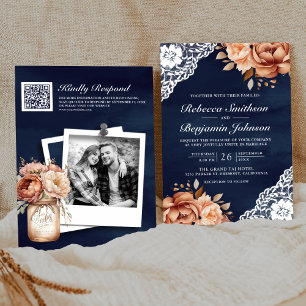 Invitation Terracotta Floral Dentelle Marine bleu QR Code Mar