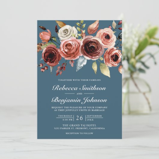 Invitation Terracotta Floral Dusty Blue QR Code Wedding (Debout devant)