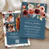 Invitation Terracotta Floral Dusty Blue QR Code Wedding