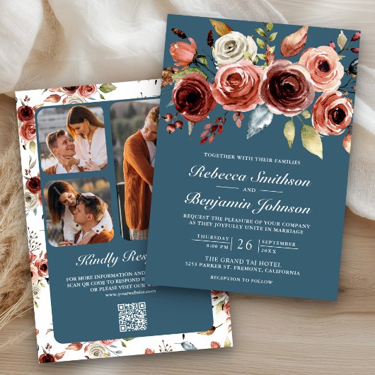 Invitation Terracotta Floral Dusty Blue QR Code Wedding