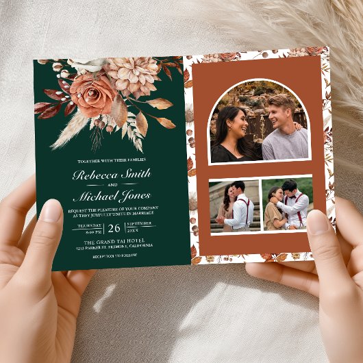 Invitation Terracotta Floral Emerald Green QR Code Wedding