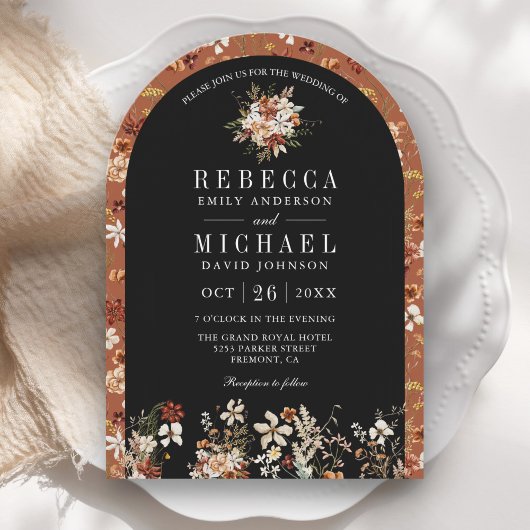 Invitation Terracotta Floral Fleur sauvage Black Arch Mariage