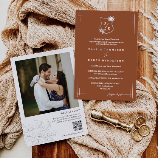 Invitation Terracotta Floral Mariage Crest Boho QR Code Photo