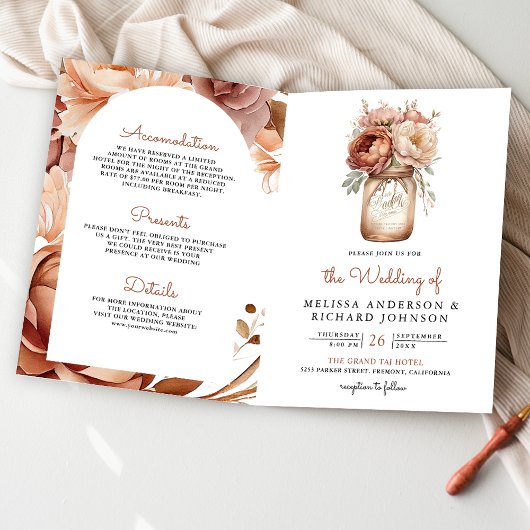 Invitation Terracotta Floral Mason Jar QR Code Wedding