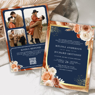 Invitation Terracotta Floral Navy Bleu Photo QR Code Mariage