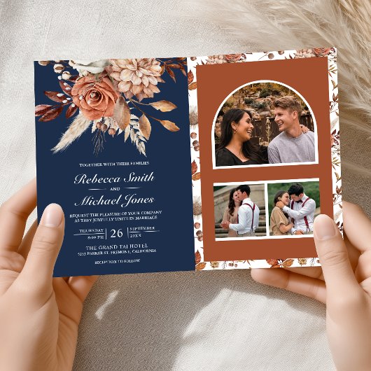 Invitation Terracotta Floral Navy Blue QR Code Wedding