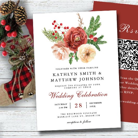 Invitation Terracotta Floral Noël Mariage d'hiver QR Code