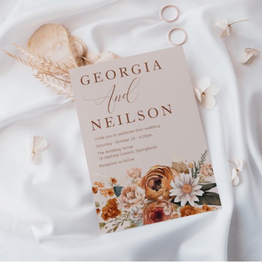 Invitation Terracotta Floral Orange Brown Mariage de automne 