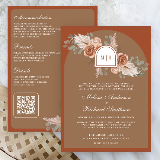 Invitation Terracotta Floral Pampas Beige Tan QR Code Wedding