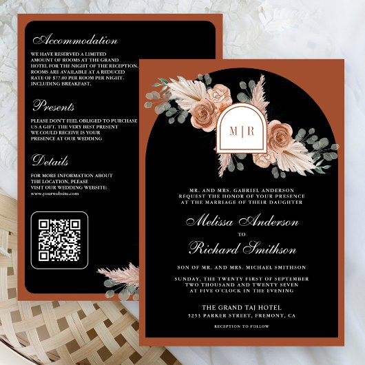Invitation Terracotta Floral Pampas Black QR Code Wedding