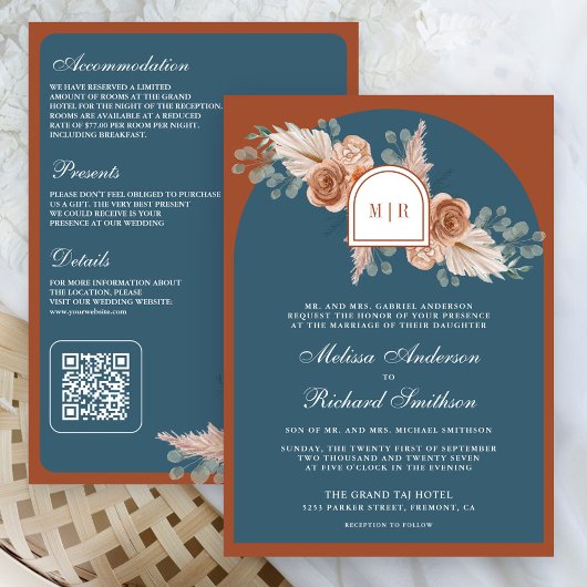 Invitation Terracotta Floral Pampas Dusty Blue Wedding