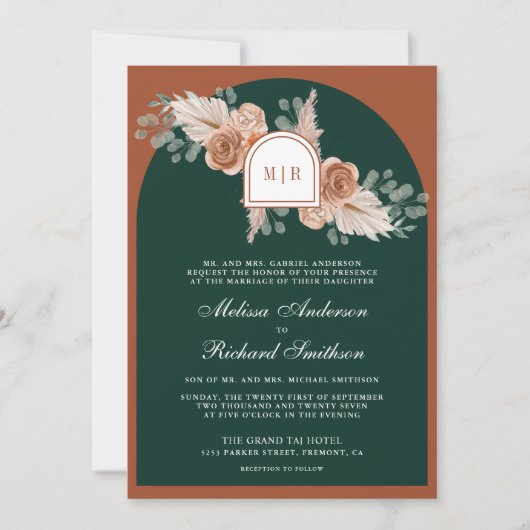 Invitation Terracotta Floral Pampas Emerald QR Code Wedding (Devant)