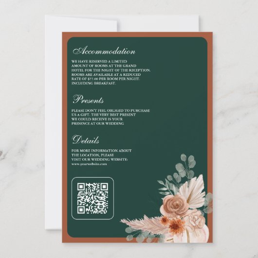 Invitation Terracotta Floral Pampas Emerald QR Code Wedding (Dos)