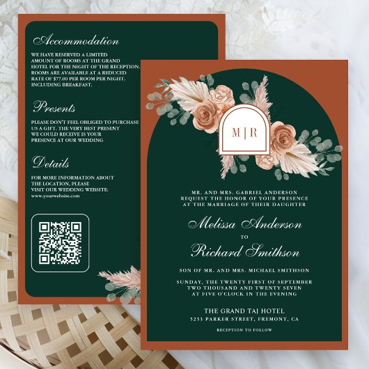 Invitation Terracotta Floral Pampas Emerald QR Code Wedding