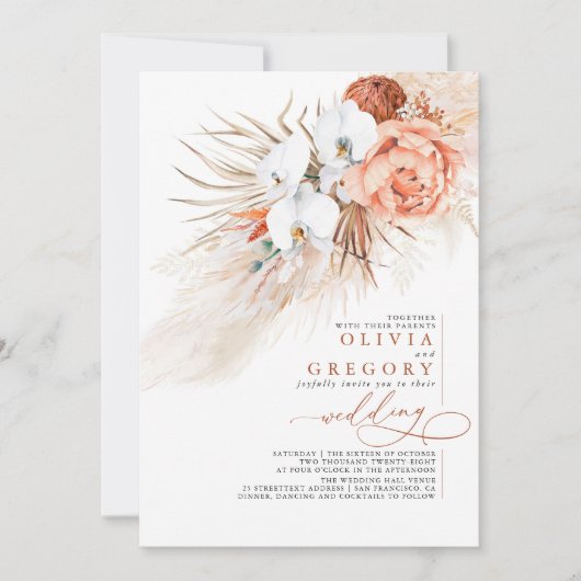 Invitation Terracotta Floral Pampas Grass Mariage Tropical (Devant)