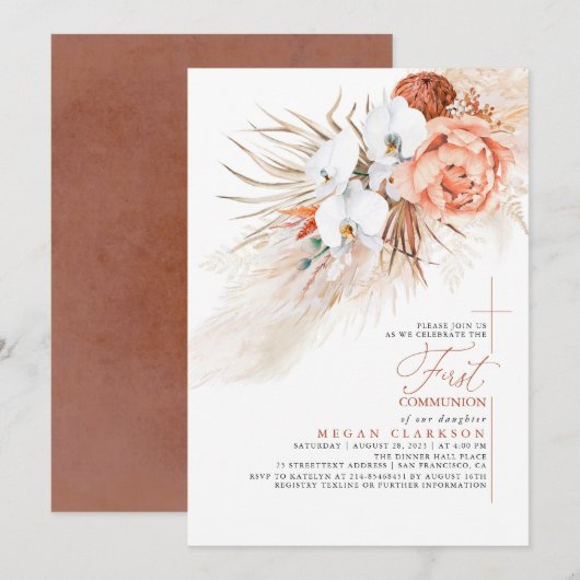 Invitation Terracotta Floral Pampas Grass Première Communion (Devant / Derrière)