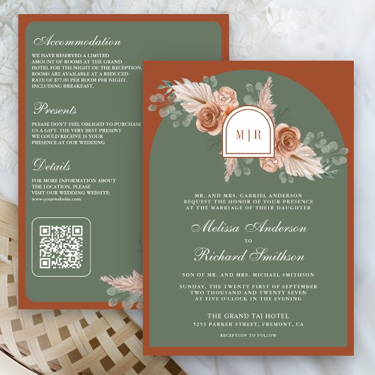 Invitation Terracotta Floral Pampas Sage Green Wedding