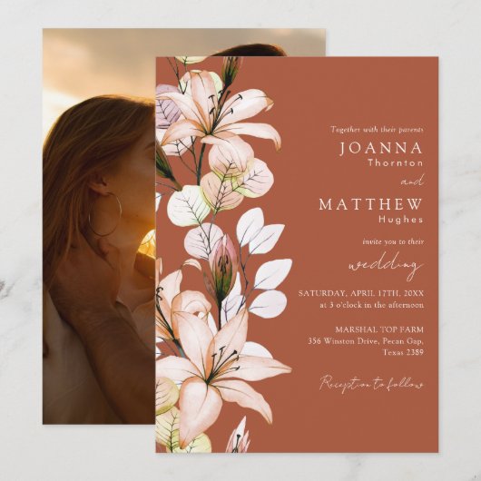 Invitation Terracotta Floral Photo Automne Mariage d'automne (Devant / Derrière)