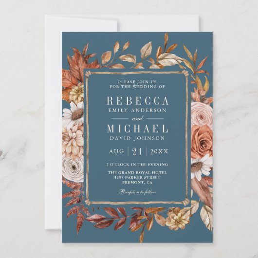 Invitation Terracotta Floral Photo QR Code Dusty Blue Wedding (Devant)