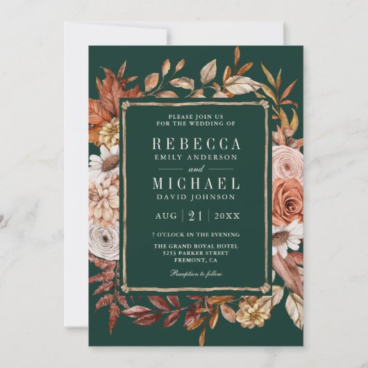 Invitation Terracotta Floral Photo QR Code Emerald Wedding (Devant)