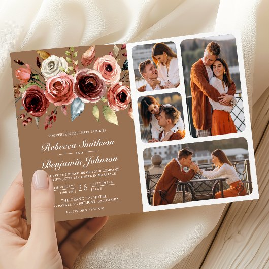 Invitation Terracotta Floral QR Code Beige Tan Wedding