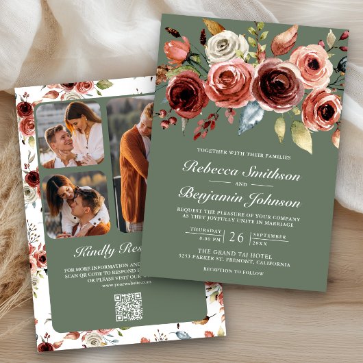 Invitation Terracotta Floral Sage Green QR Code Wedding