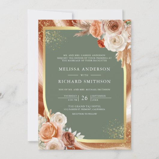 Invitation Terracotta Floral Sage Vert Photo QR Code Mariage (Devant)