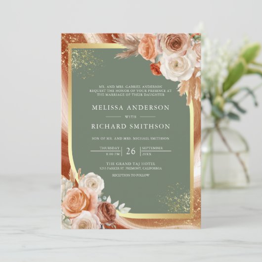 Invitation Terracotta Floral Sage Vert Photo QR Code Mariage (Debout devant)