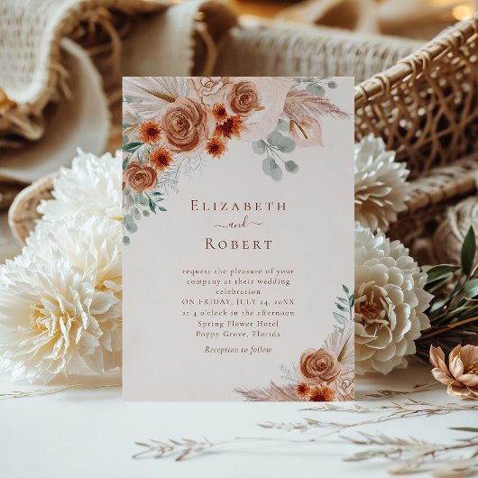 Invitation Terracotta Florale Pampas Grass Eucalyptus Mariage
