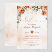 Invitation Terracotta Florals Fille Christening Gold Baptême (Devant / Derrière)