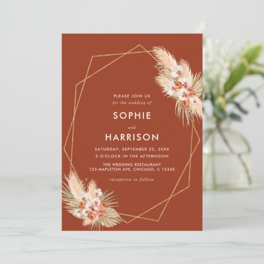 Invitation Terracotta Géométrique Boho Pampas Mariage (Debout devant)