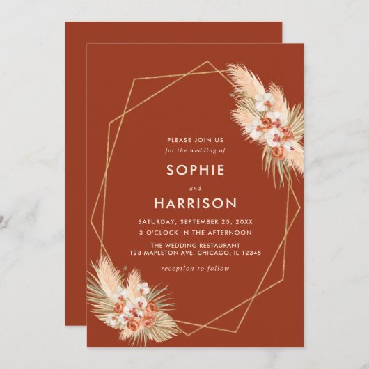 Invitation Terracotta Géométrique Boho Pampas Mariage (Devant / Derrière)