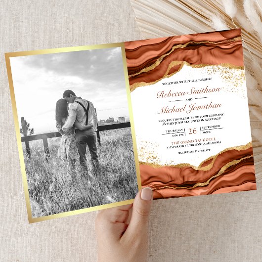 Invitation Terracotta Gold Abstract Ink QR Code Wedding