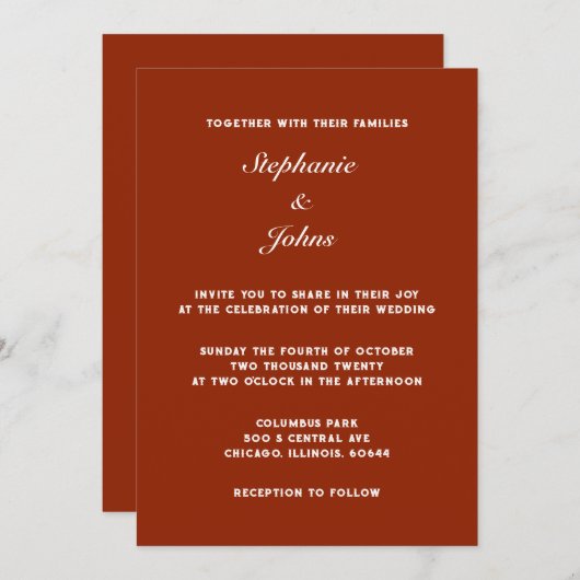 Invitation Terracotta Gras Terre Chaude Couleur Simple Mariag (Devant / Derrière)