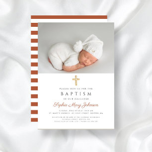 Invitation Terracotta Grève Croix Religieuse Photo Baptême