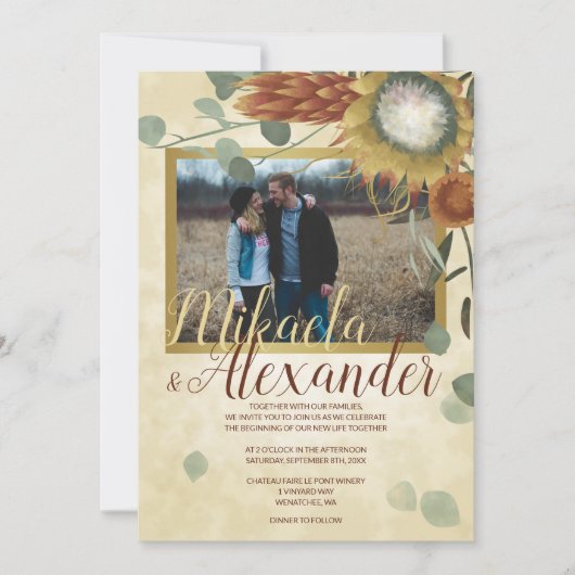 Invitation Terracotta King Proteas Eucalyptus Green Fall (Devant)