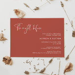 Invitation Terracotta La nuit avant le dîner<br><div class="desc">La veille... Assurez-vous que tout est parfait pour le grand jour; recevez des invitations modernes pour votre dîner de répétition mariage. Une typographie moderne et une couleur terre cuite tendance pour votre papeterie mariage : choisissez cette suite de mariage simple et élégante. Entièrement personnalisable : vous pouvez modifier l'arrière -...</div>