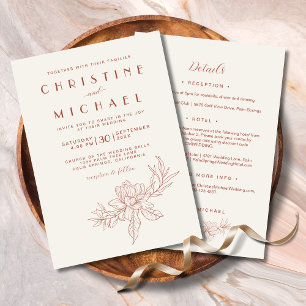 Invitation Terracotta Magnolia Élégant Mariage tout-en-un