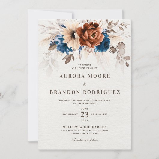 Invitation Terracotta Marine Bleu Pampas Grass QR Code Mariag (Devant)